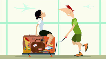 Young man and woman in the airport illustration. Smiling man wheels a cart with a young woman sitting on the bags isolated on white 