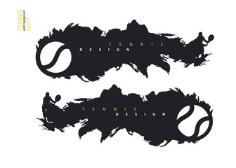 Set of grunge tennis designs. Horizontal sport banner. Abstract flying ball.