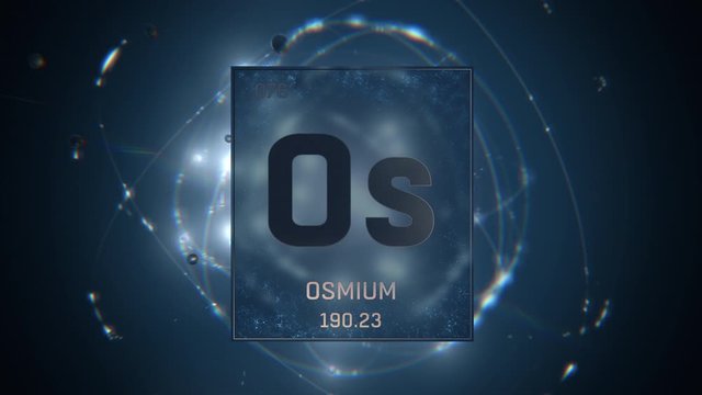 Osmium as Element 76 of the Periodic Table. Seamlessly looping 3D animation on blue illuminated atom design background with orbiting electrons. Design shows name, atomic weight and element number
