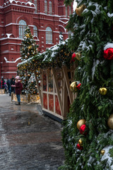 Fototapeta na wymiar Christmas market in Moscow, Christmas trees in snow