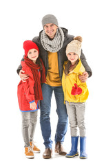 Happy family in autumn clothes on white background
