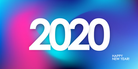 Happy New Year 2020. Greeting poster with holographic abstract background. Trendy design.