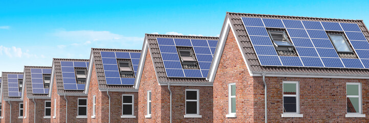 Fototapeta premium Row of house with solar panels on roof on blue sky background.