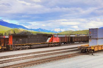 Fototapeta premium Freight container trains in Jasper. Alberta. Canada.