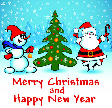 Illustration Merry Christmas card with snowman, Christmas tree and Santa.