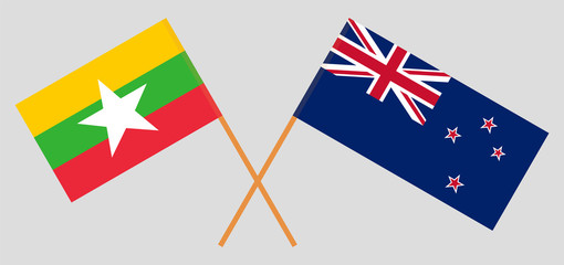 Crossed flags of Myanmar and New Zealand