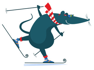 Cartoon rat or mouse a skier illustration. Funny rat or mouse skier isolated on white