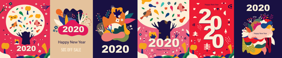New Year illustrations with big tree and birds and set of abstract pattern