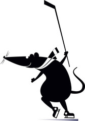 Cartoon rat or mouse an ice hockey player black on white illustration. Cartoon rat or mouse plays ice hockey original silhouette isolated 