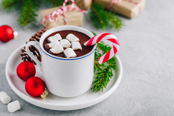 Festive Christmas Hot Chocolate with marshmallow and candy cane