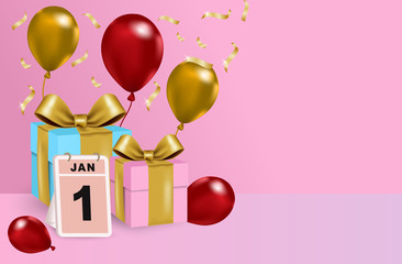 Design Creative Abstract New Year celebration. Golden and red balloons. Pink, blue and Calendar gift boxes on gradation background. Copy space text wide area. Vector 3D illustration.
