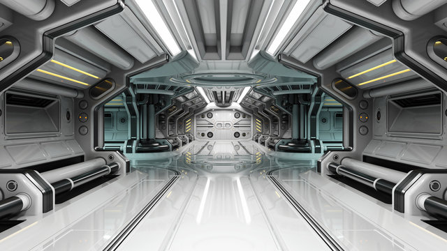 Sci-Fi space station corridor or white futuristic spaceship interior. 3d illustration Stock Illustration Adobe Stock