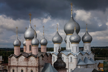 The domes of the Gate Church of the Resurrection (left) and Assumption Cathedral (right) in Rostov Veliky (Russia)