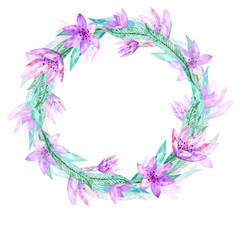 Watercolor frame with purple lilac flowers.