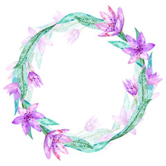 Fototapeta na wymiar Watercolor frame with purple lilac flowers.