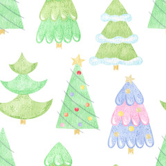 Merry Christmas and Happy New Year colorful festive seamless pattern with Christmas trees. Perfect for greeting card, invitation, wrapping paper, textile or print concept.
