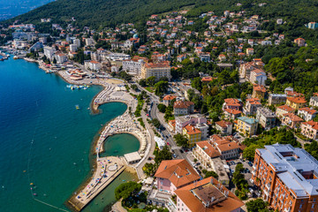 Fototapeta na wymiar Aerial panoramic view of beautiful Town of Opatija and Lungomare sea walkway, Kvarner bay of Croatia