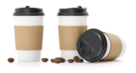 Mockup of paper cups. Takeaway Coffee to go with plastic caps and natural aroma coffee beans. Morning espresso or americano packaging template, isolated on white background. 3d rendered illustration.