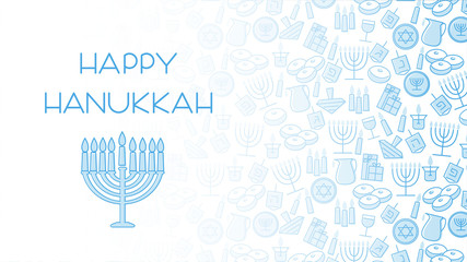 Hanukkah blue background with holiday candles, dreidels, Hebrew letters and David stars. Vector illustration for Jewish Festival of light.
