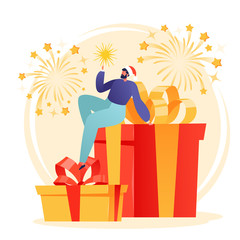 Christmas and New Year greeting card concept with man character. Flat man character with gifts. Vector illustration for postcard, poster, invitation on celebration, party, winter holidays theme.