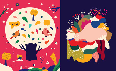 Spring illustration with big tree and birds and set of abstract pattern