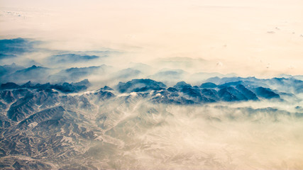 Haze and fog over mountains in China in the morning