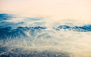 Haze and fog over mountains in China in the morning