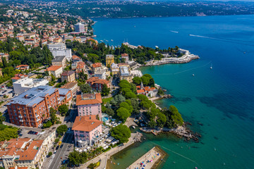 Fototapeta na wymiar Aerial panoramic view of beautiful Town of Opatija and Lungomare sea walkway, Kvarner bay of Croatia