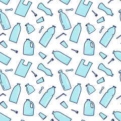 Plastic garbage simless pattern bakground. Plastic garbage, bottle, cutlery, plastic conteners, straws, cutlery, disposable dish. Vector illustration in doodle style. Plastic pollution concept