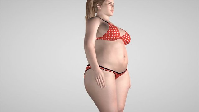 Fat woman loosing weight, white studio