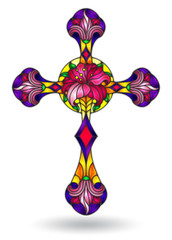The illustrations in the stained glass style with of Christian cross with pink flowers, isolated on a white background