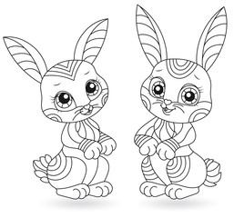 Set of stained glass illustrations with a contour cartoon rabbits isolated on white background