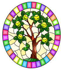 Illustration in stained glass style with an apple tree standing alone on a hill against the sky