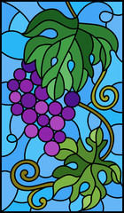Fototapeta premium The illustration in stained glass style painting with a bunch of red grapes and leaves on a sky background
