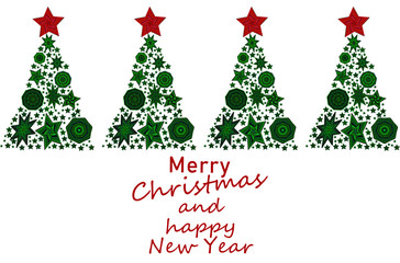 Naklejka na ściany i meble Christmas background. Four green Christmas trees of stars and polygons and a red star. Text, happy New year, postcard, banner, poster.