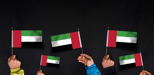 Fototapeta na wymiar Hands holds flags of United Arab Emirates on dark background