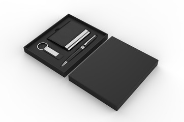 Visiting card holder, key chain and pen gift set box, 3d render illustration.