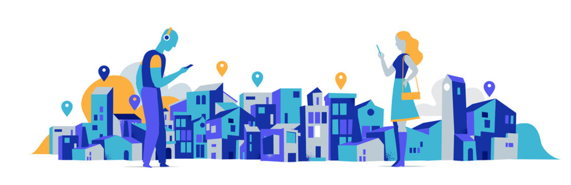 Couple of cartoon man and woman using online navigation app. Cityscape background with gps pointers - Vector