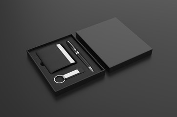 Visiting card holder, key chain and pen gift set box, 3d render illustration.
