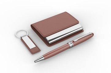 Blank pen, card holder and key chain for promotional branding. 3d render illustration.