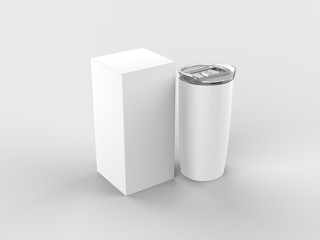 Blank Stainless Steel Tumbler with Lid And Hard Box For branding mock up. 3d render illustration.