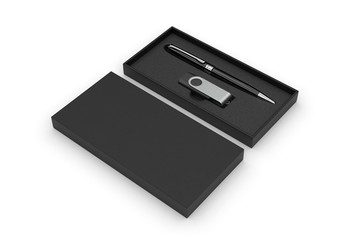 Blank pen drive and ball point pen with paper box packaging for promotional branding. 3d render illustration.