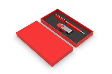 Blank pen drive and ball point pen with paper box packaging for promotional branding. 3d render illustration.