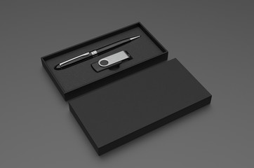 Blank pen drive and ball point pen with paper box packaging for promotional branding. 3d render illustration.