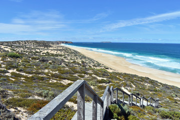 Wooden Stairway to the Beach, Dunes & Turquoise Ocean from Summit of West Cape in Innes National...