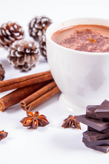 Cup of hot chocolate with cinnamon, anise stars, pieces of dark chocolate and some cones	