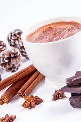 Cup of hot chocolate with cinnamon, anise stars, pieces of dark chocolate and some cones	