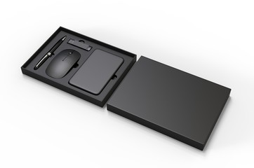 Computer mouse,pen,power bank and OTG pen drive gift set for promotional branding. 3d render illustration.