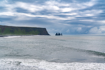 Reynisfjara Beach view. Wide view of a Icelandic landscape in the summer time.
