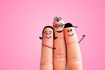 Finger family concept: Joyful finger family smiling. Pink background.